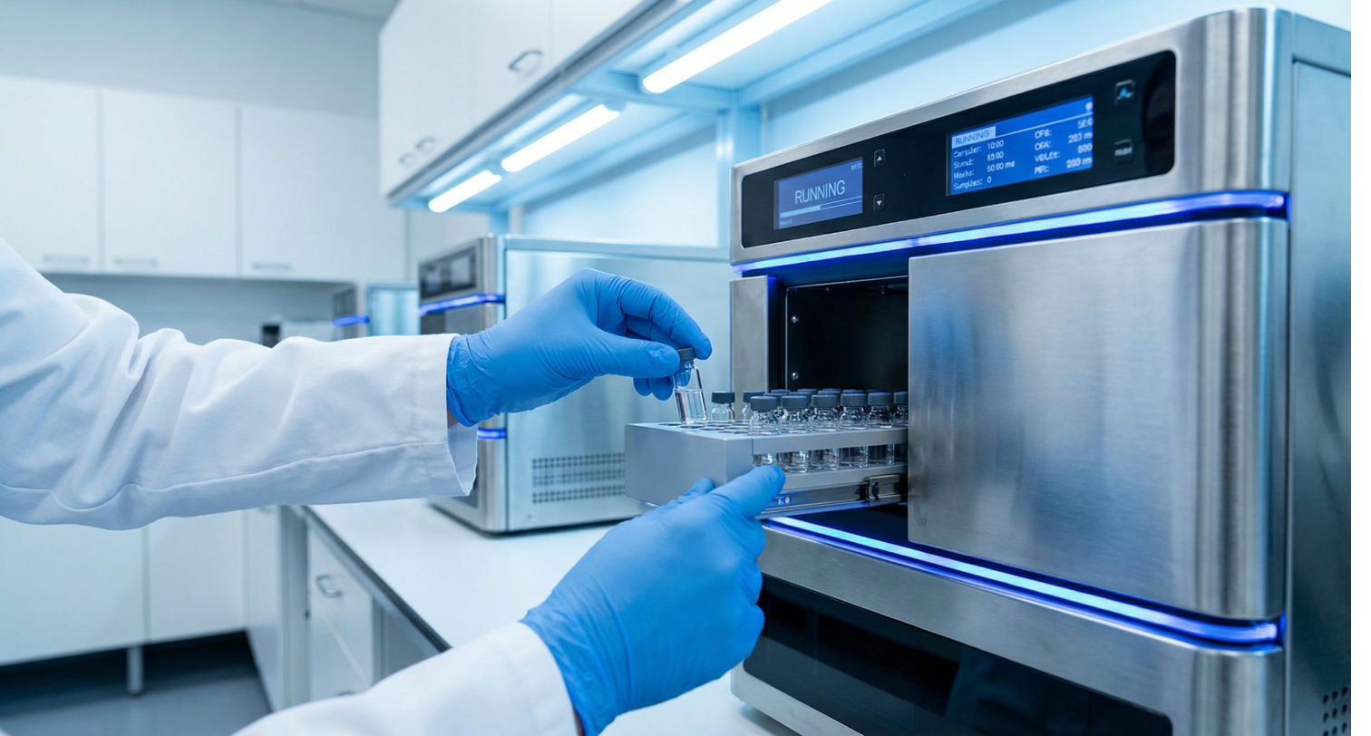 Lab technician performing HPLC analysis